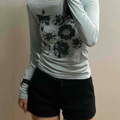 Margaret Flower Shirred Round Slim Long Sleeve Tee