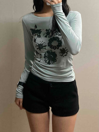 Margaret Flower Shirred Round Slim Long Sleeve Tee