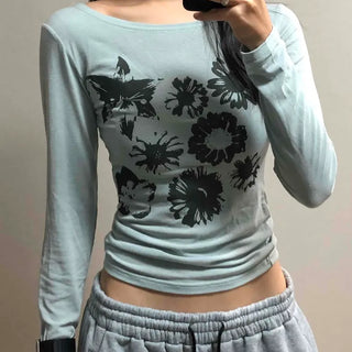 Margaret Flower Shirred Round Slim Long Sleeve Tee