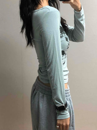Margaret Flower Shirred Round Slim Long Sleeve Tee