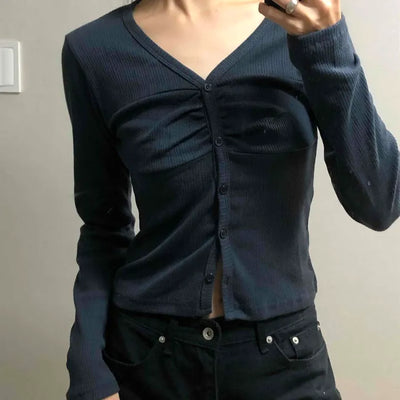 Center Shirred V-Neck Cropped Ribbed Knit Cardigan