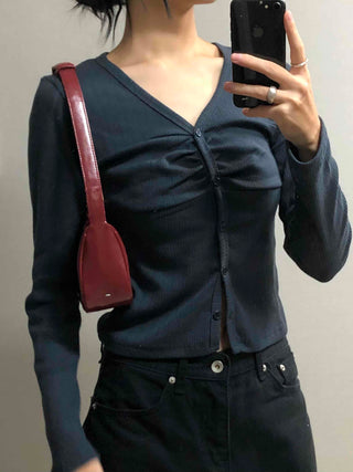 Center Shirred V-Neck Cropped Ribbed Knit Cardigan