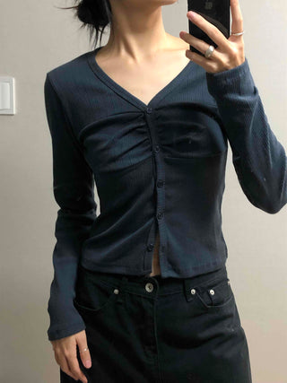 Center Shirred V-Neck Cropped Ribbed Knit Cardigan