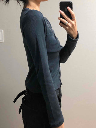 Center Shirred V-Neck Cropped Ribbed Knit Cardigan