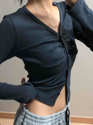 Center Shirred V-Neck Cropped Ribbed Knit Cardigan