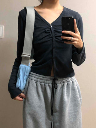Center Shirred V-Neck Cropped Ribbed Knit Cardigan