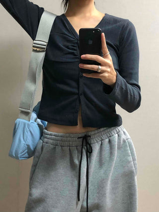 Center Shirred V-Neck Cropped Ribbed Knit Cardigan