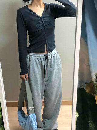 Center Shirred V-Neck Cropped Ribbed Knit Cardigan