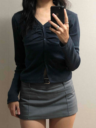 Center Shirred V-Neck Cropped Ribbed Knit Cardigan