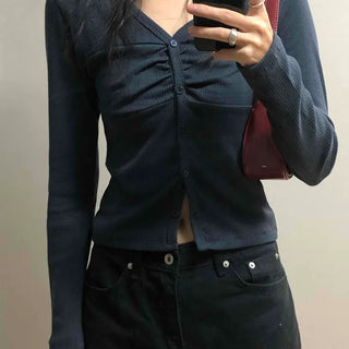 Center Shirred V-Neck Cropped Ribbed Knit Cardigan