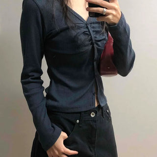 Center Shirred V-Neck Cropped Ribbed Knit Cardigan
