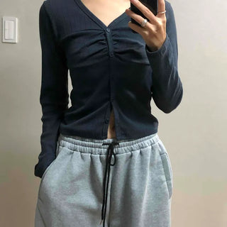 Center Shirred V-Neck Cropped Ribbed Knit Cardigan
