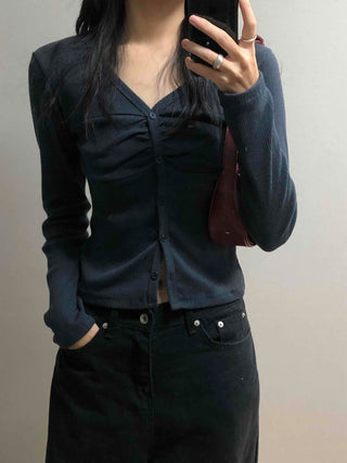 Center Shirred V-Neck Cropped Ribbed Knit Cardigan