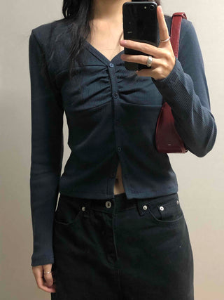 Center Shirred V-Neck Cropped Ribbed Knit Cardigan