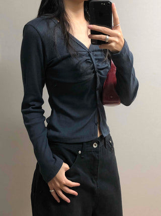 Center Shirred V-Neck Cropped Ribbed Knit Cardigan