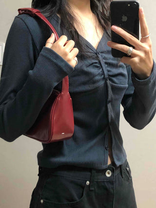 Center Shirred V-Neck Cropped Ribbed Knit Cardigan