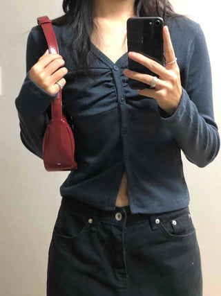 Center Shirred V-Neck Cropped Ribbed Knit Cardigan