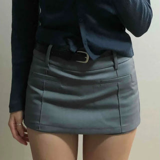 Belt-Detailed Low-Rise Pintuck Mini Skirt