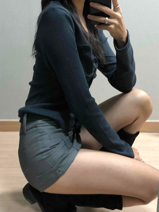 Belt-Detailed Low-Rise Pintuck Mini Skirt