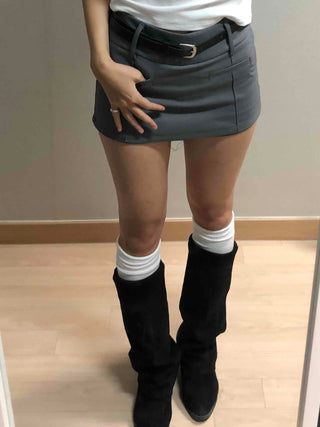 Belt-Detailed Low-Rise Pintuck Mini Skirt