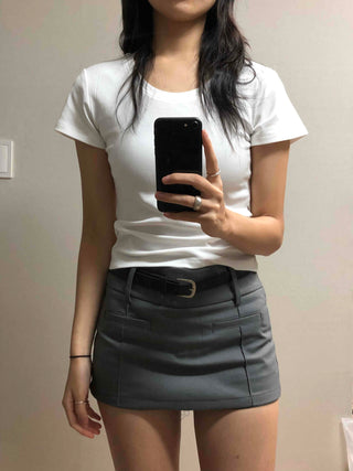 Belt-Detailed Low-Rise Pintuck Mini Skirt