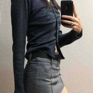 Belt-Detailed Low-Rise Pintuck Mini Skirt