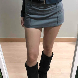 Belt-Detailed Low-Rise Pintuck Mini Skirt