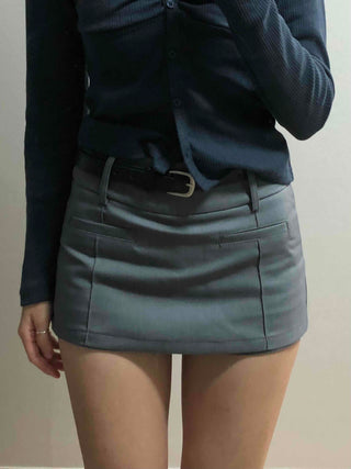 Belt-Detailed Low-Rise Pintuck Mini Skirt