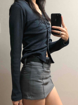 Belt-Detailed Low-Rise Pintuck Mini Skirt