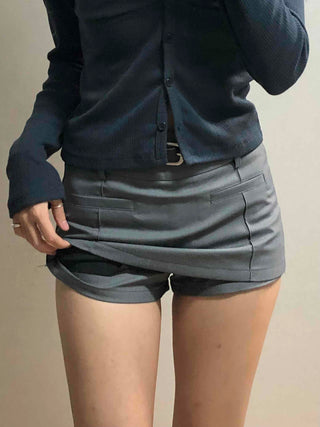Belt-Detailed Low-Rise Pintuck Mini Skirt