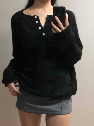 Mohair Touch Split 3-Button Semi-Oversized Knit