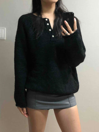 Mohair Touch Split 3-Button Semi-Oversized Knit