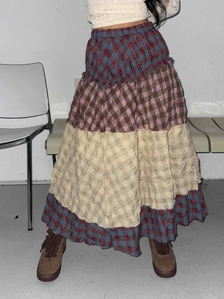 Multi-color shirred tiered flare long skirt