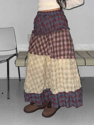 Multi-color shirred tiered flare long skirt