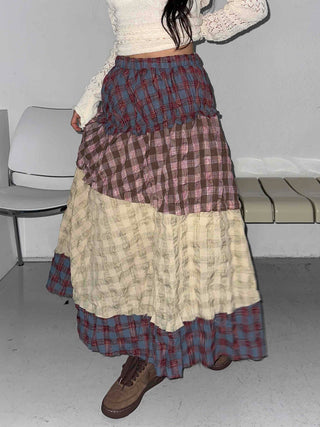 Multi-color shirred tiered flare long skirt