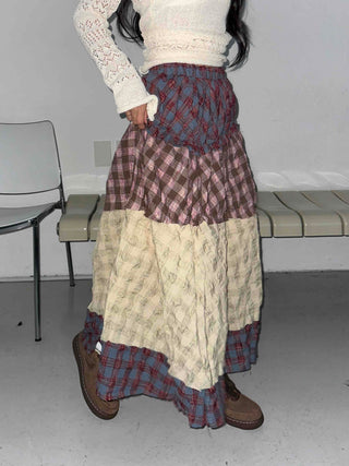 Multi-color shirred tiered flare long skirt