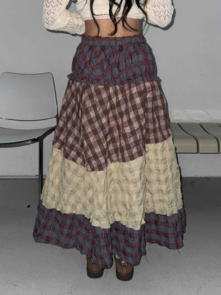 Multi-color shirred tiered flare long skirt