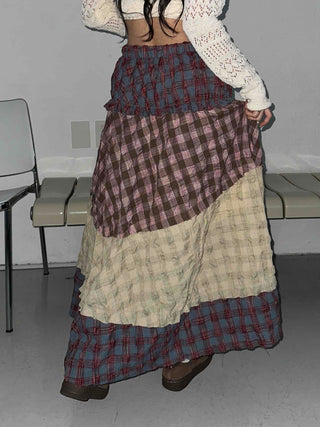 Multi-color shirred tiered flare long skirt