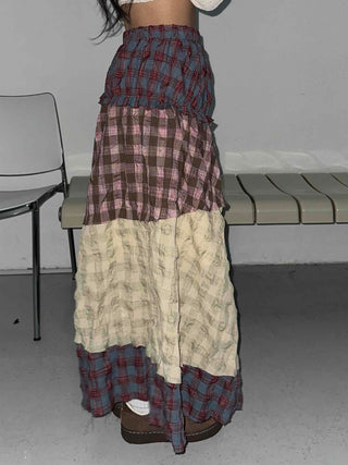 Multi-color shirred tiered flare long skirt