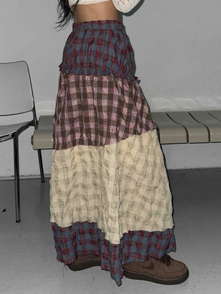 Multi-color shirred tiered flare long skirt