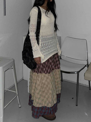 Multi-color shirred tiered flare long skirt