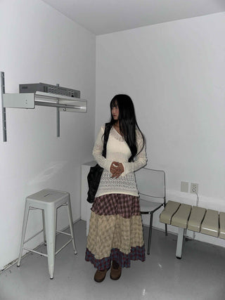 Multi-color shirred tiered flare long skirt