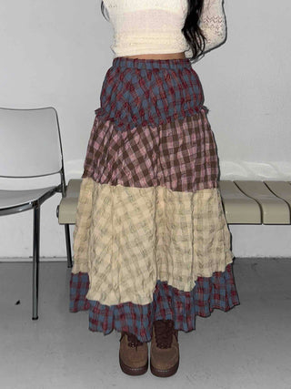 Multi-color shirred tiered flare long skirt