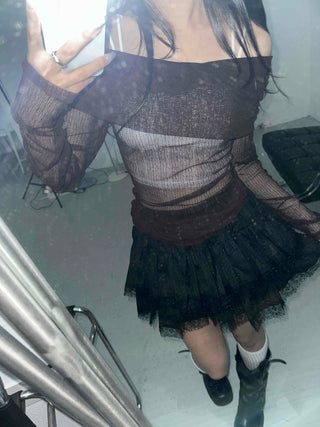 Glam Shirring Slit Shirring Long Sleeve T-shirt