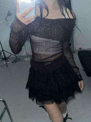 Glam Shirring Slit Shirring Long Sleeve T-shirt