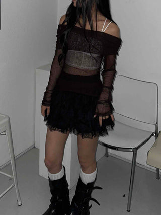 Glam Shirring Slit Shirring Long Sleeve T-shirt