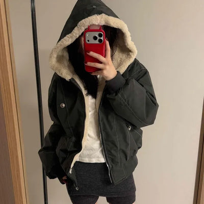 Two-way Hooded Shearling Stitch Oversized Short Padded Jacket
