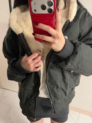 Two-way Hooded Shearling Stitch Oversized Short Padded Jacket