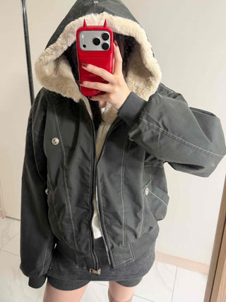 Two-way Hooded Shearling Stitch Oversized Short Padded Jacket