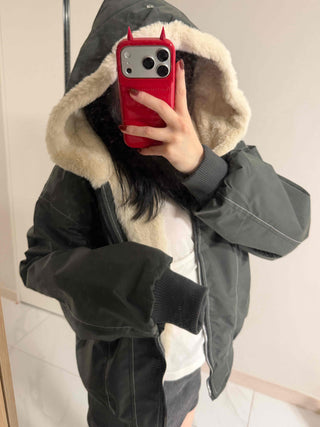 Two-way Hooded Shearling Stitch Oversized Short Padded Jacket